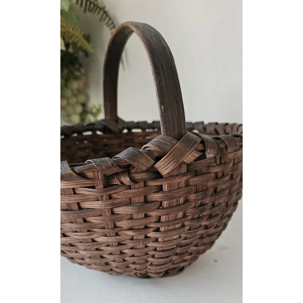 Antique Primitive Woven Split Oak Handle Gathering Basket  SMALL 9